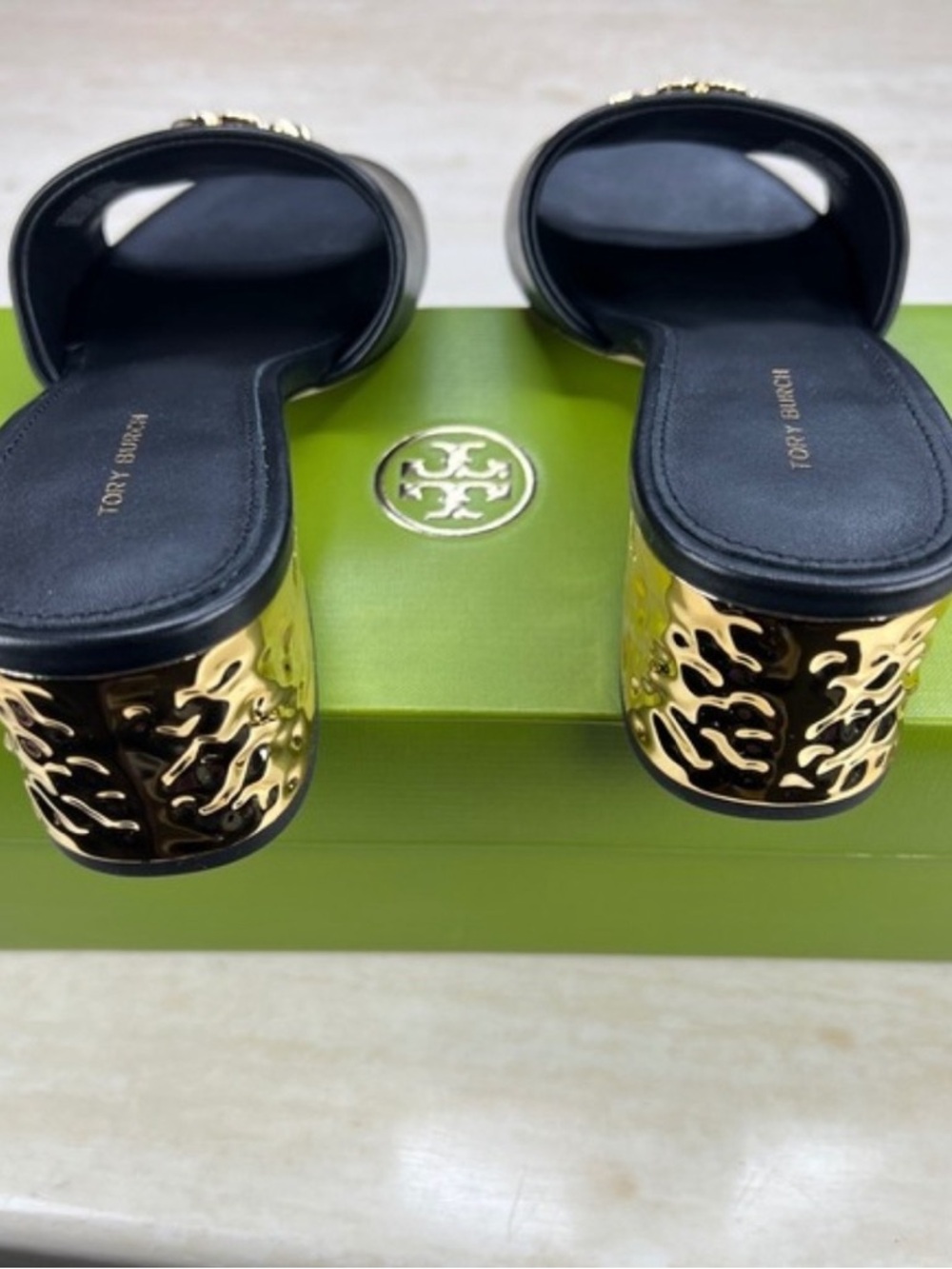 Tory Burch Black Slide Heels with Gold Sculpted Block Heel
